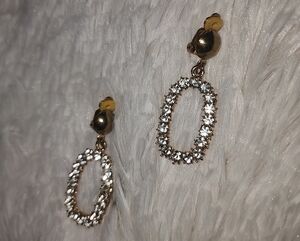 Gold Rhinestone Oval Drop Clip On Earrings